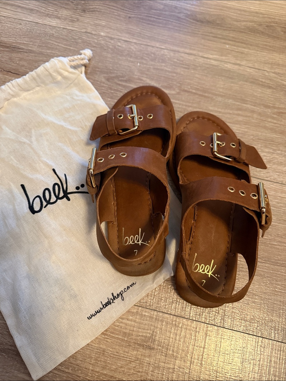 beek Brown Leather Double-Buckle Sandals